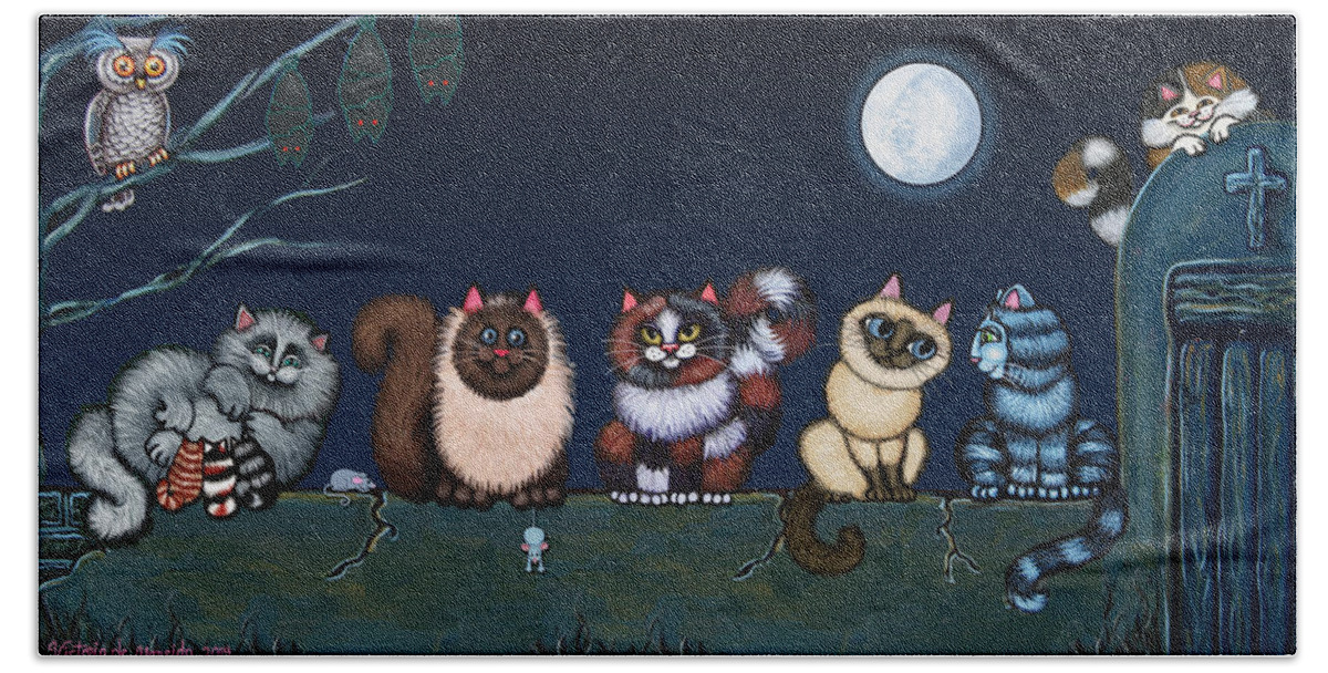 Cat Hand Towel featuring the painting Moonlight On The Wall by Victoria De Almeida