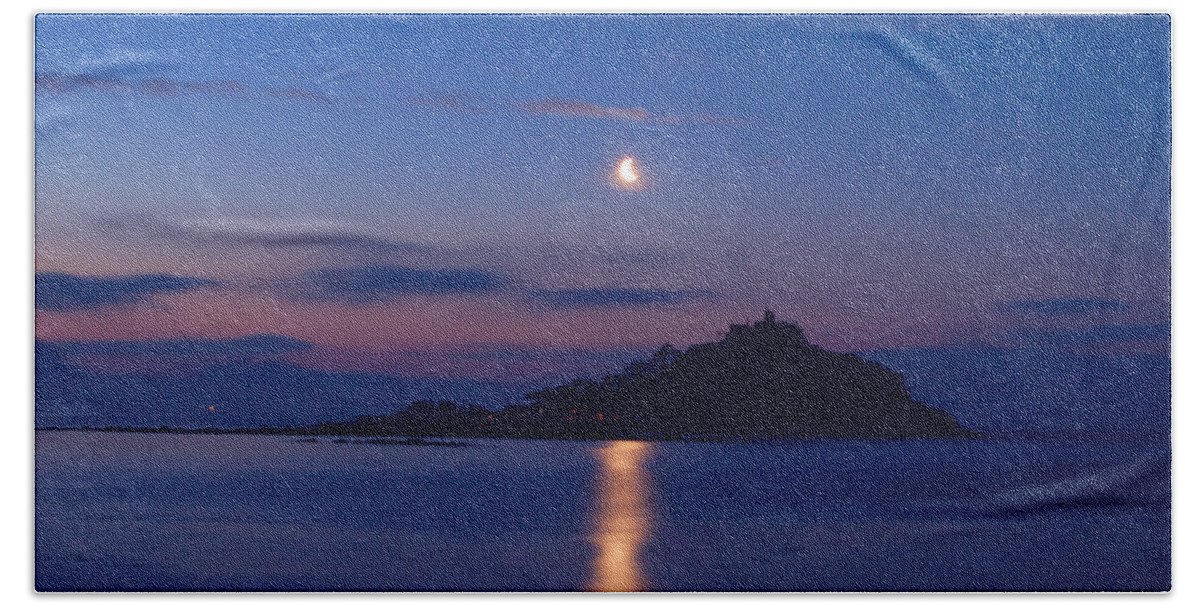 St Michaels Mount Hand Towel featuring the photograph Moonlight St Michael's Mount, Cornwall by Tony Mills