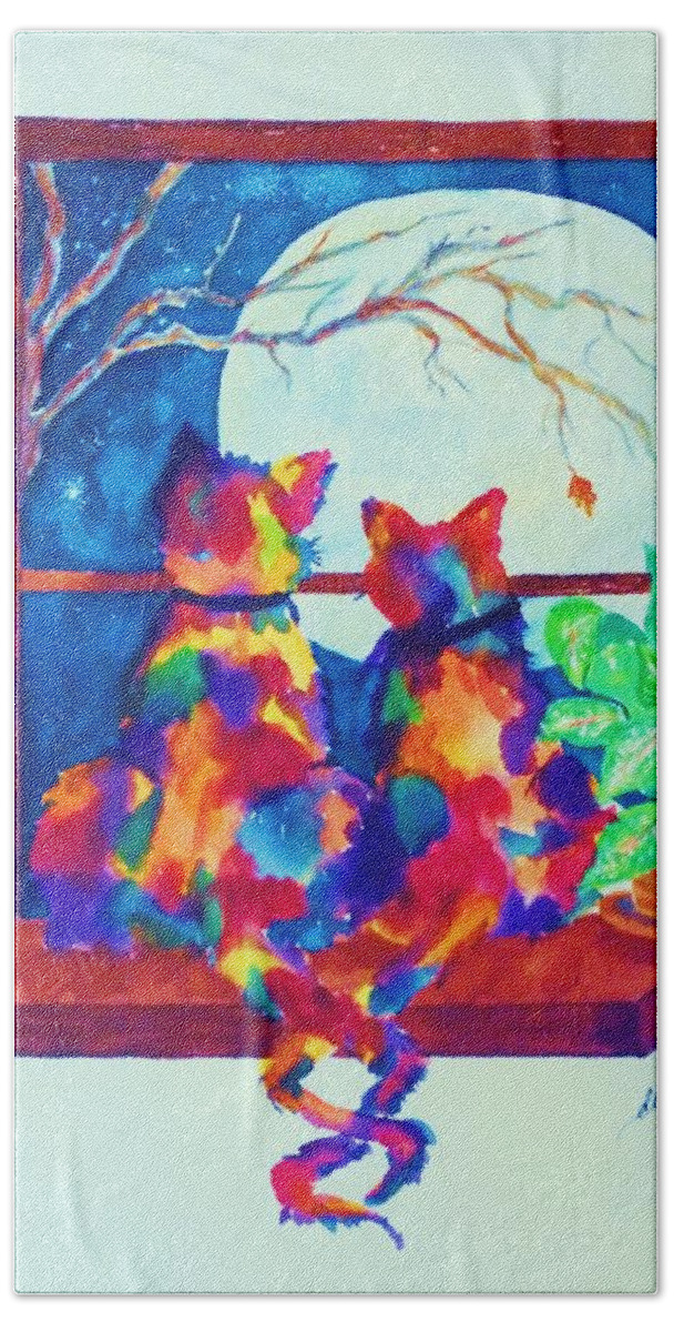 Cats Hand Towel featuring the painting Moonstruck ll by Ellen Levinson