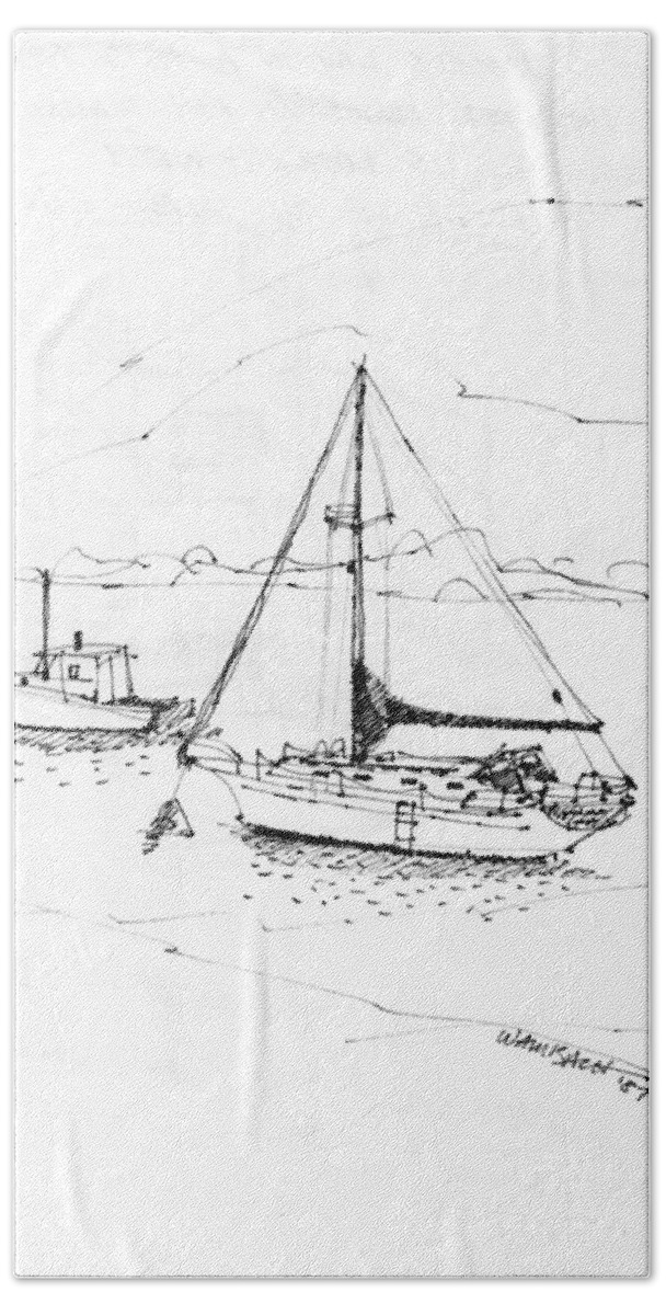 Monhegan Island Hand Towel featuring the drawing Moored Boats Monhegan Island by Richard Wambach