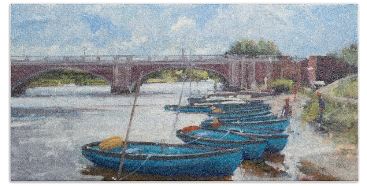 Hampton Court Bath Towel featuring the photograph Moorings At Hampton Court, 2011 Oil On Canvas by Christopher Glanville