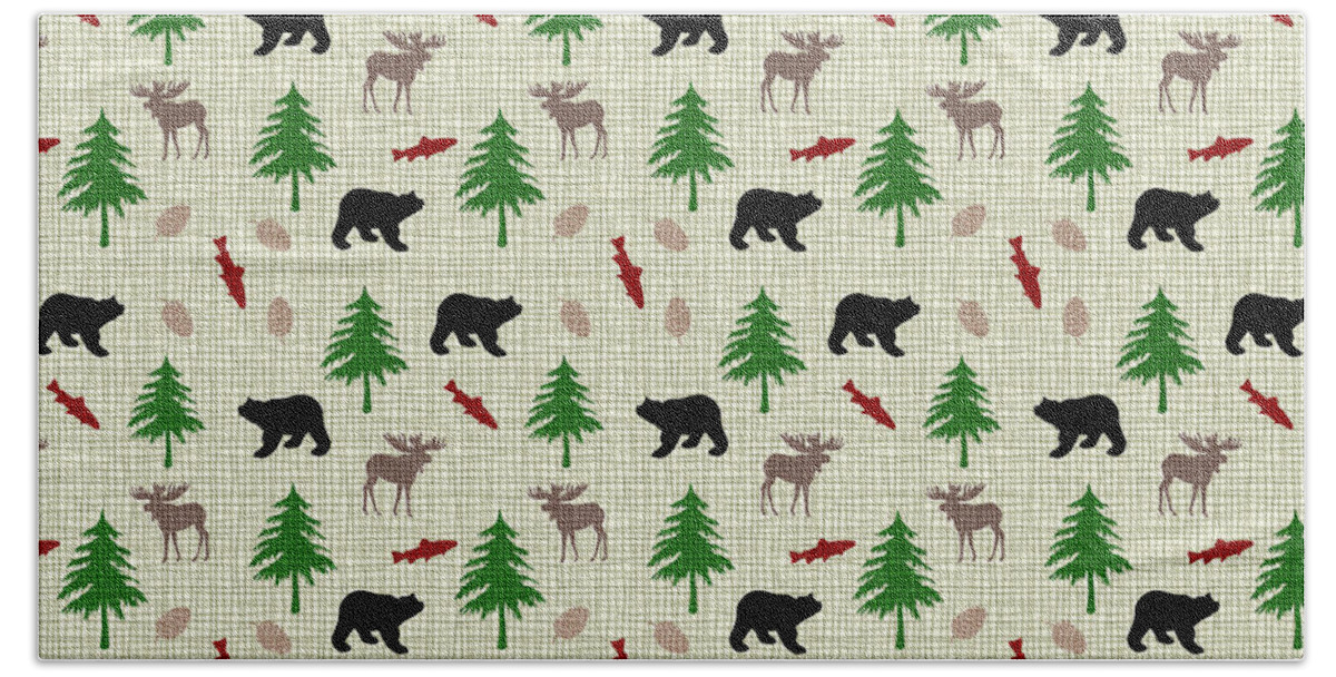 Moose Hand Towel featuring the mixed media Moose and Bear Pattern by Christina Rollo