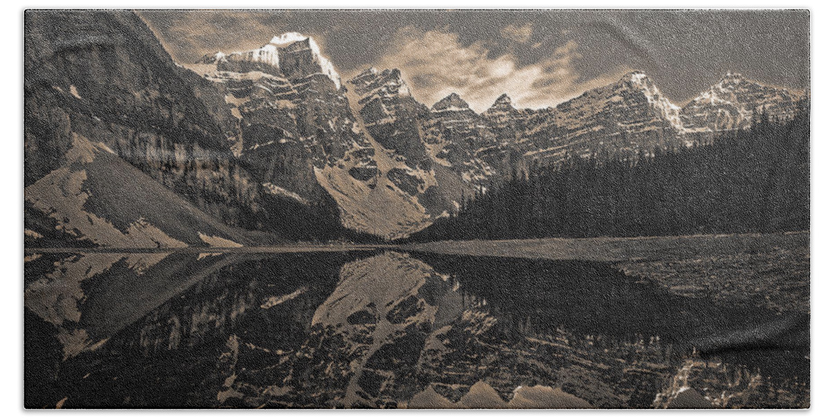 Moraine Lake Hand Towel featuring the photograph Moraine Lake at Sundown - Black and White by Stuart Litoff