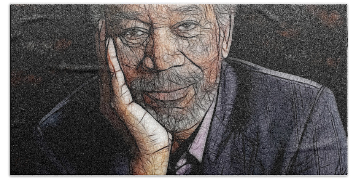 Morgan Freeman Hand Towel featuring the painting Morgan Freeman by Georgeta Blanaru
