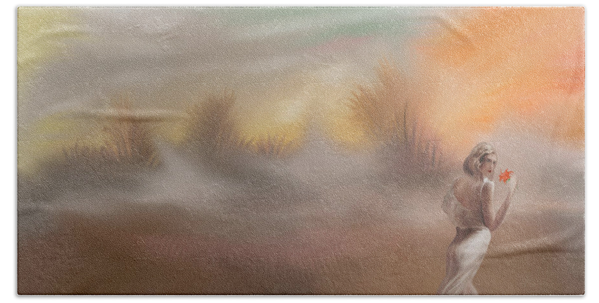Morning Fog In The Fields With Lady Bath Towel featuring the painting Morning Fog in the Fields with Lady by Angela Stanton