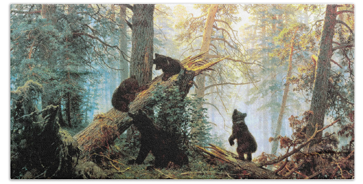 Morning In A Pine Forest Hand Towel featuring the digital art Morning In A Pine Forest by Ivan Shishkin