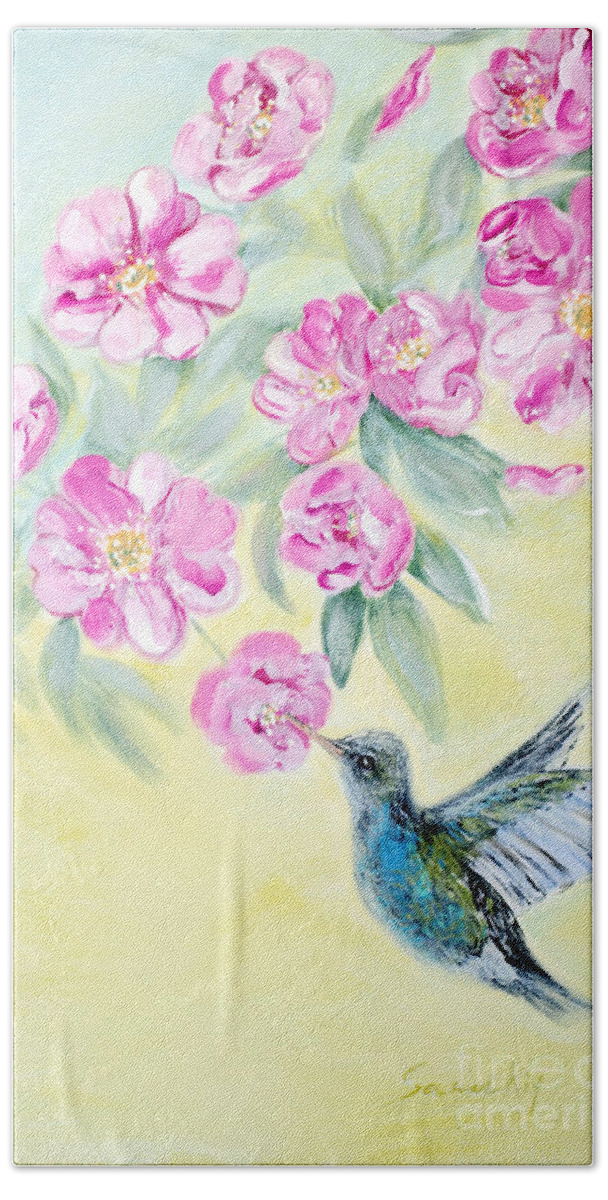 Morning In My Garden Hand Towel featuring the painting Morning In My Garden. Card by Oksana Semenchenko