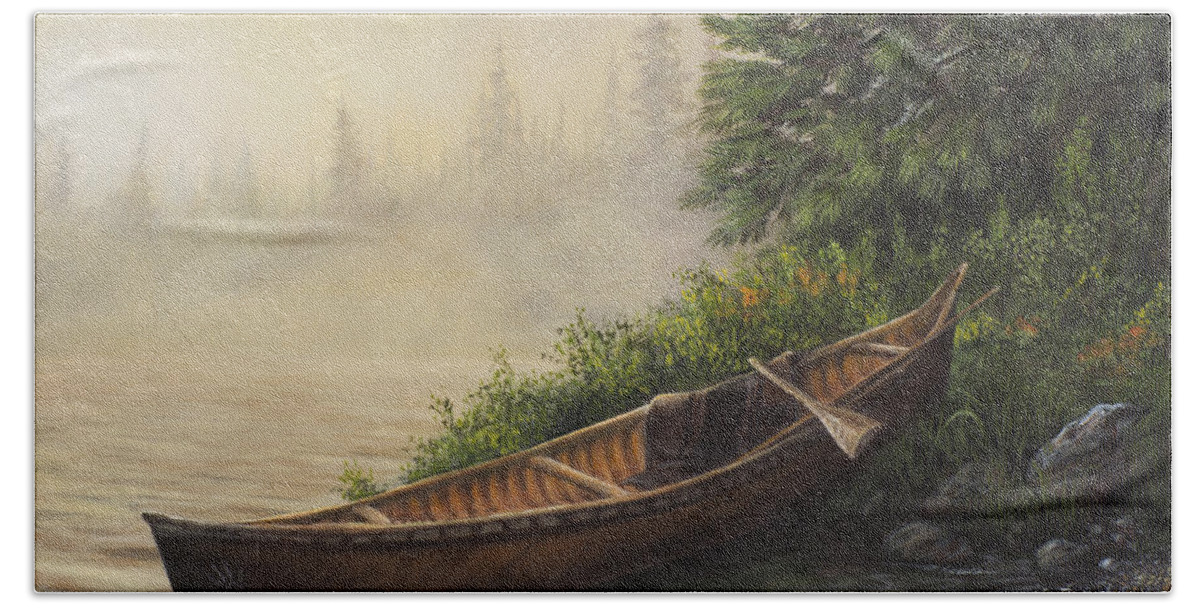 Canoe Hand Towel featuring the painting Morning Mist by Kim Lockman