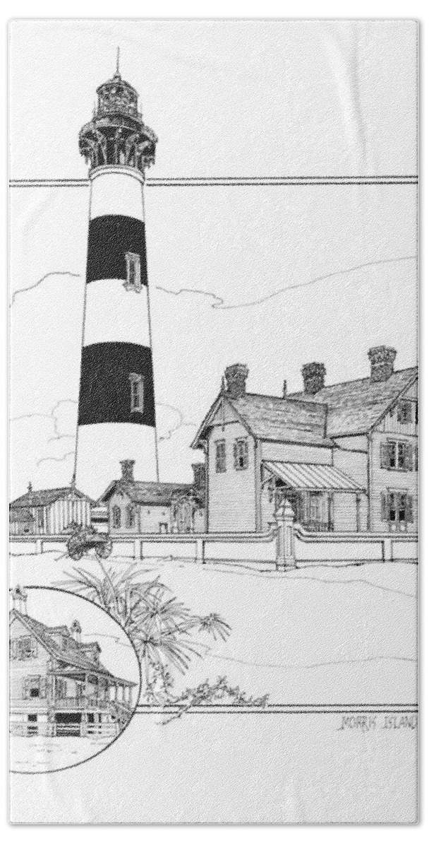 Morris Island Lighthouse Bath Towel featuring the drawing Morris Island Lighthouse by Ira Shander