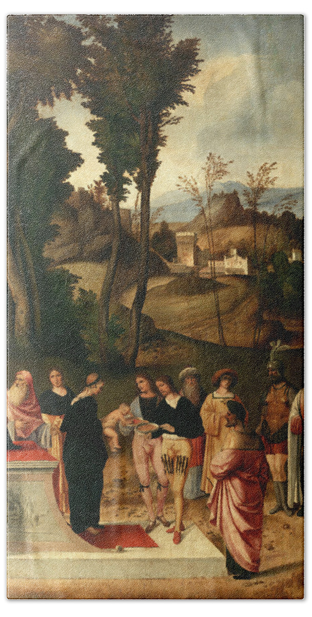 Giorgione Bath Towel featuring the painting Moses undergoing Trial by Fire by Giorgione