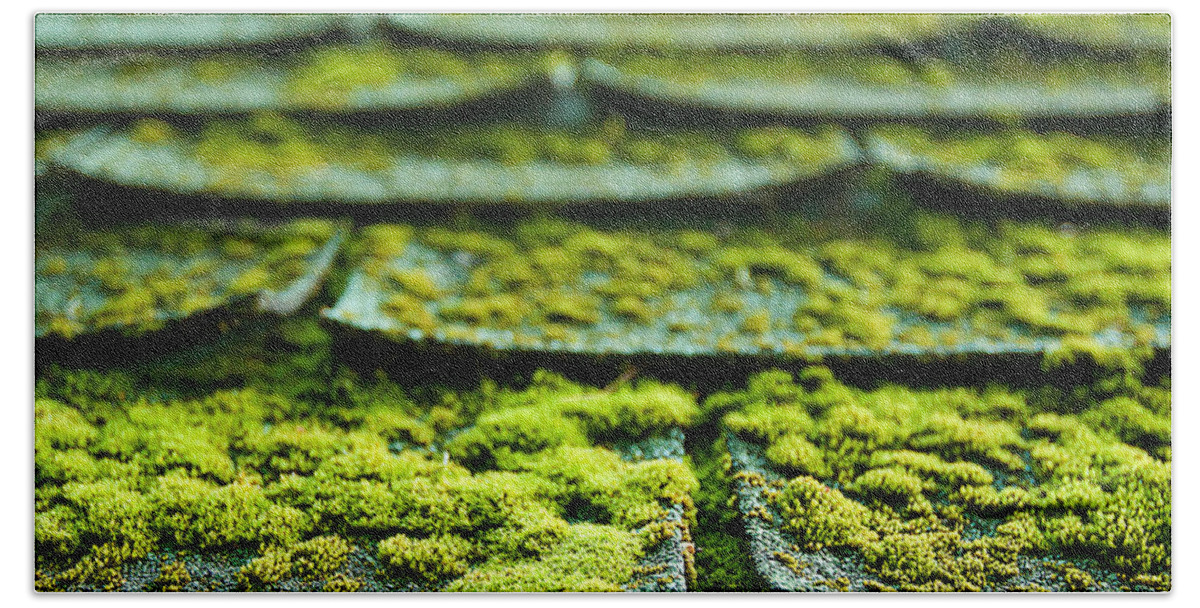 Green Hand Towel featuring the photograph Mossy Roof Tiles by Lisa Chorny