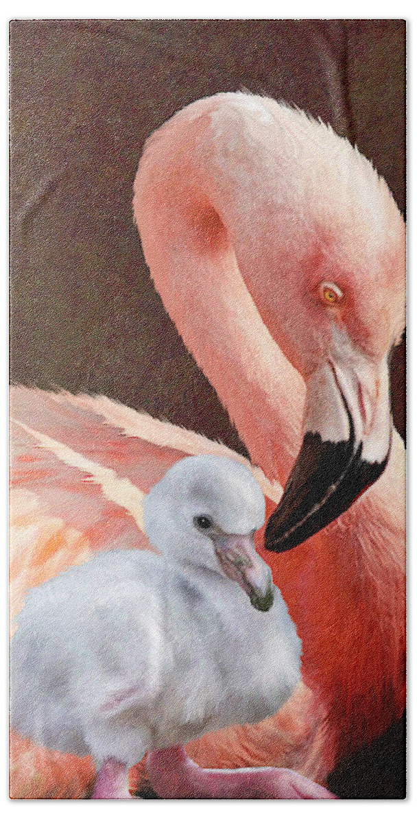 Flamingo Hand Towel featuring the digital art Mother and baby flamingo by Jane Schnetlage