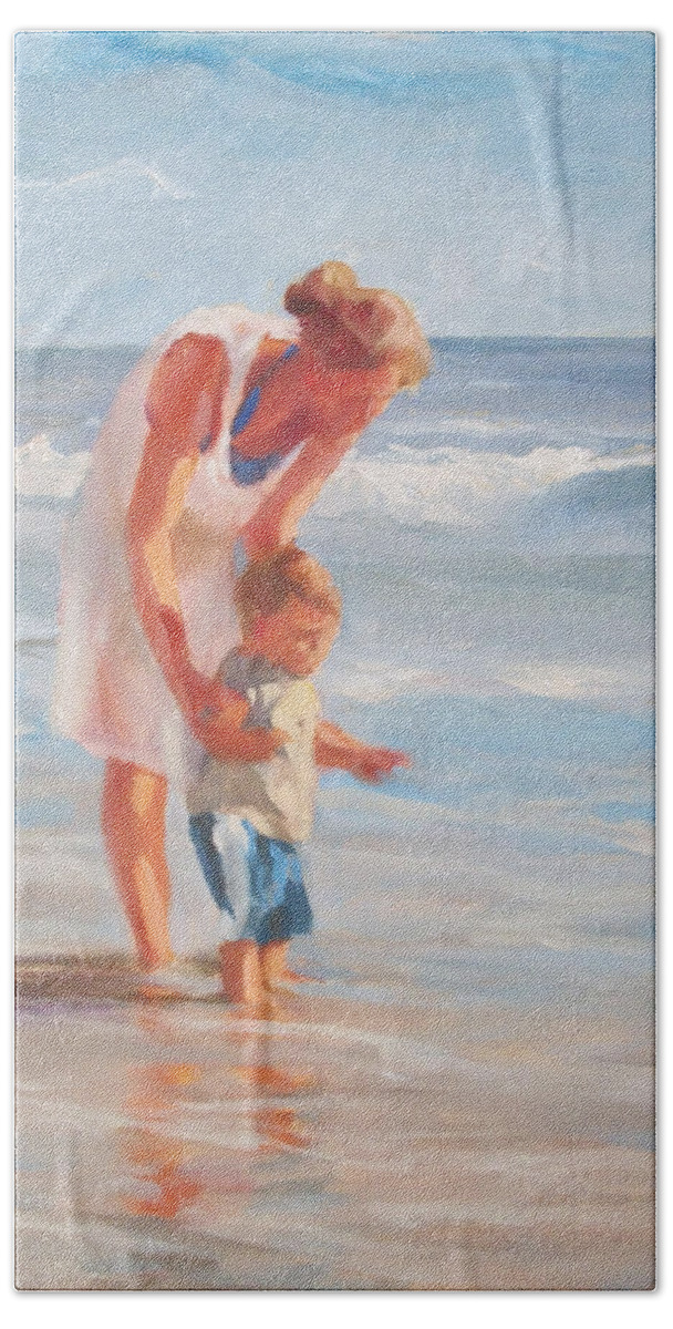 Mother Hand Towel featuring the painting Mother and Child at the Beach by Margaret Aycock