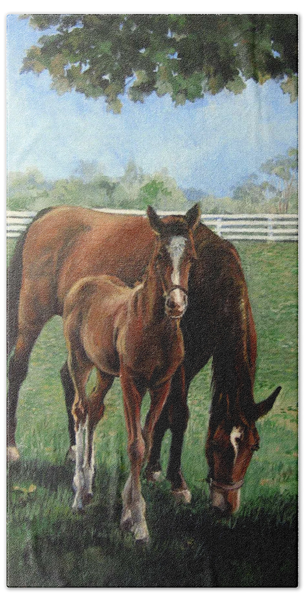 Nature Hand Towel featuring the painting Mother and Colt by Donna Tucker