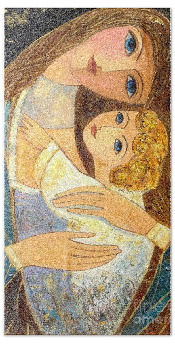 Mother And Golden Haired Child Hand Towel featuring the painting Mother and Golden Haired Child by Shijun Munns