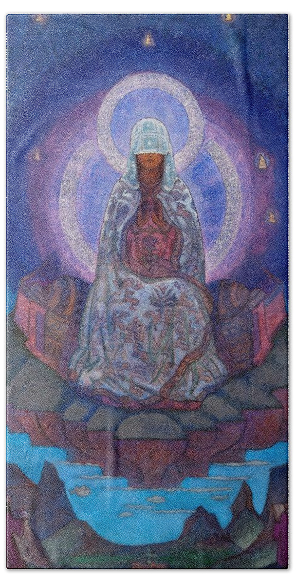 1930's Bath Sheet featuring the painting Mother of the World by Nicholas Roerich