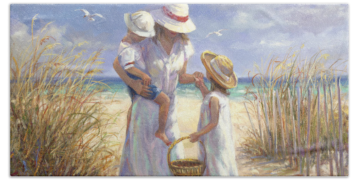 Mom And Daughter Hand Towel featuring the painting Mothers Day Beach by Laurie Snow Hein