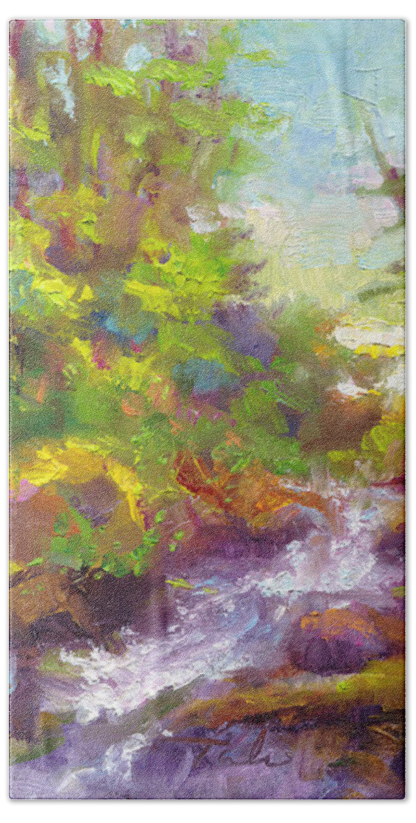 Impressionist Hand Towel featuring the painting Mother's Day Oasis - woodland river by Talya Johnson