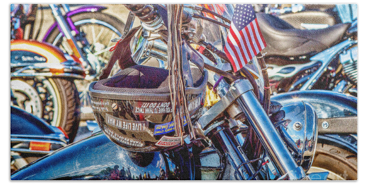 Motorcycles Bath Towel featuring the photograph Motorcycle Helmet and Flag by Eleanor Abramson