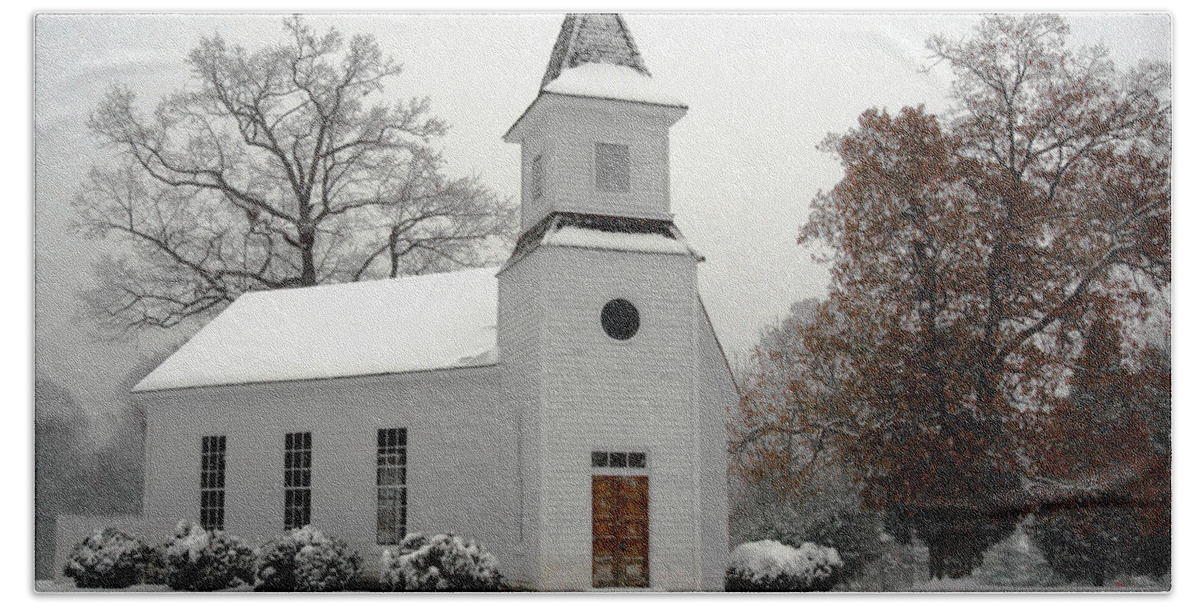 Snow Hand Towel featuring the photograph Mount Calvary Methodist by Erika Fawcett