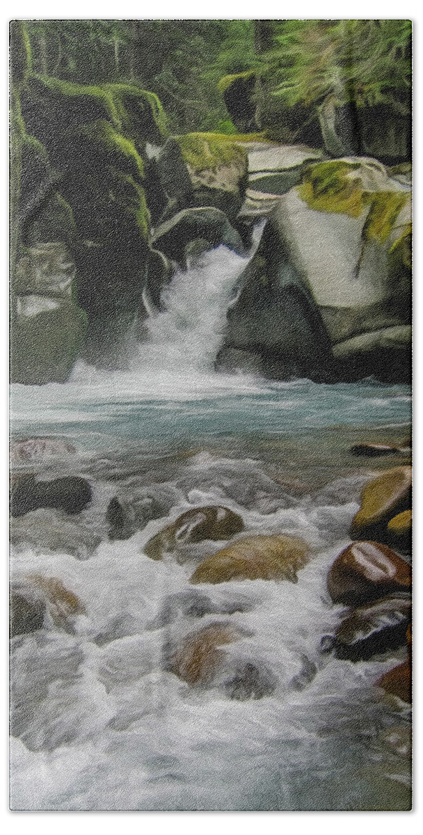 Waterfalls Hand Towel featuring the painting Mount Rainier Falls by John Haldane