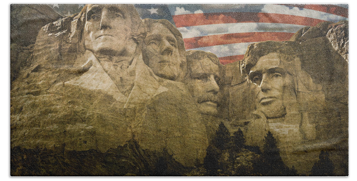 Sculpture Hand Towel featuring the photograph Mount Rushmore with the Stars and Stripes by Randall Nyhof