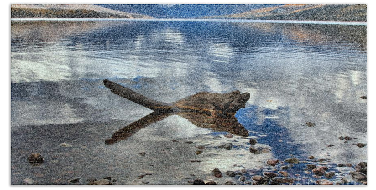 Glacier National Park Bath Towel featuring the photograph Mountain Drift Log by Adam Jewell