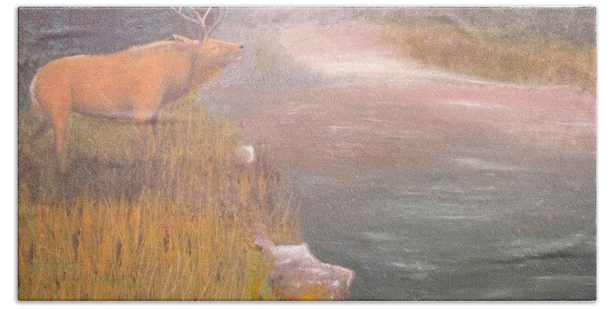 Elk Bath Towel featuring the painting Mountain Elk Original Oil Painting by Anthony Morretta