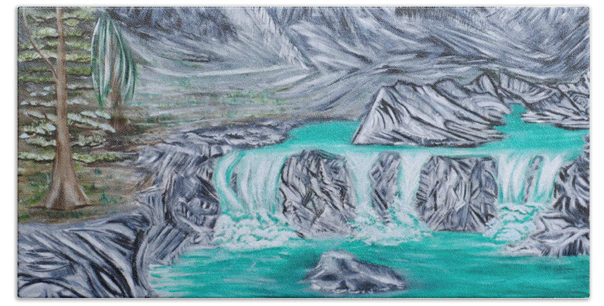 Mountains Hand Towel featuring the painting Mountain Falls by Suzanne Surber