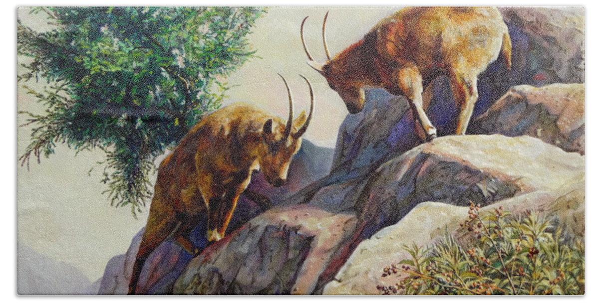 Goat Bath Towel featuring the painting Mountain Goats - Powerful Fight by Svitozar Nenyuk