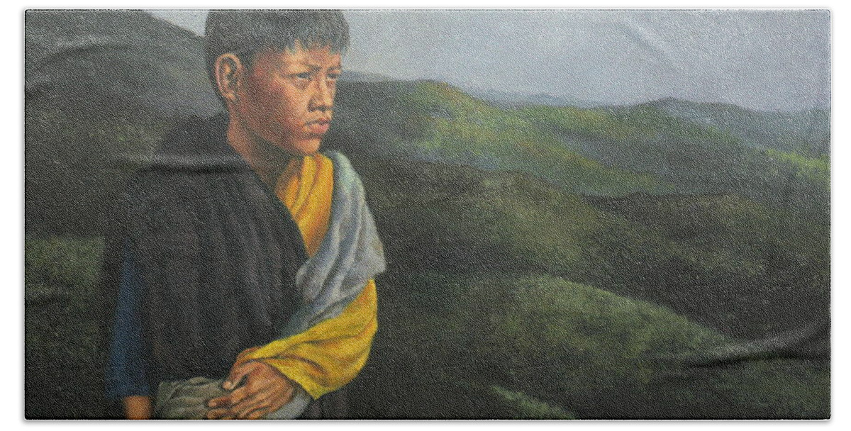 Mountain Bath Sheet featuring the painting Young Mountain Man by Christopher Shellhammer
