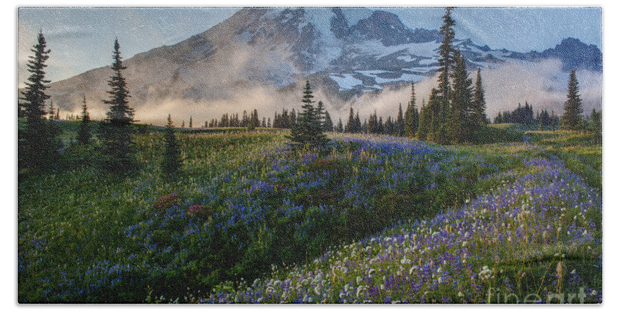 Mount Rainier Hand Towel featuring the photograph Mountain Meadow Serenity by Mike Reid