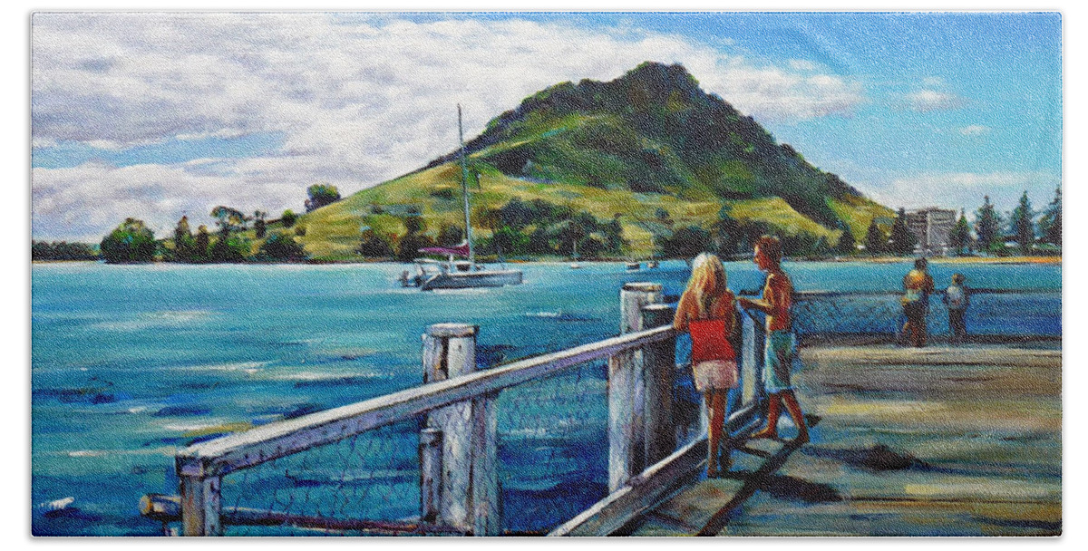 Pier Bath Towel featuring the painting Mt Maunganui Pier 140114 by Selena Boron