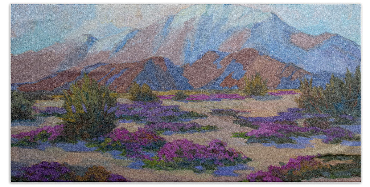 Mt. San Jacinto Hand Towel featuring the painting Mt. San Jacinto and Verbena by Diane McClary