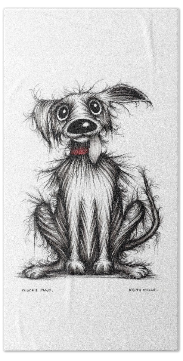 Mucky Dog Bath Towel featuring the drawing Mucky paws by Keith Mills