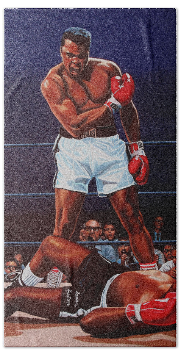 Mohammed Ali Versus Sonny Liston Muhammad Ali Paul Meijering Boxing Boxer Prizefighter Mohammed Ali Ali Sonny Liston Cassius Clay Big Bear The Greatest Boxing Champion The People's Champion The Louisville Lip Knockout Paul Meijering Wbc World Champions Heavyweight Boxing Champions Athlete Icon Portrait Realism Sport Heavyweight Adventure Down Sportsman Hero Painting Canvas Realistic Painting Art Artwork Work Of Art Realistic Art Ring Celebrity Celebrities Bath Towel featuring the painting Muhammad Ali versus Sonny Liston by Paul Meijering