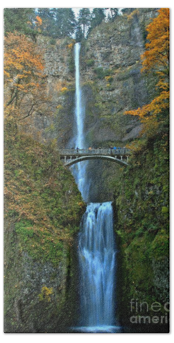 Multnomah Bath Towel featuring the photograph Multnomah Double Plunge by Adam Jewell