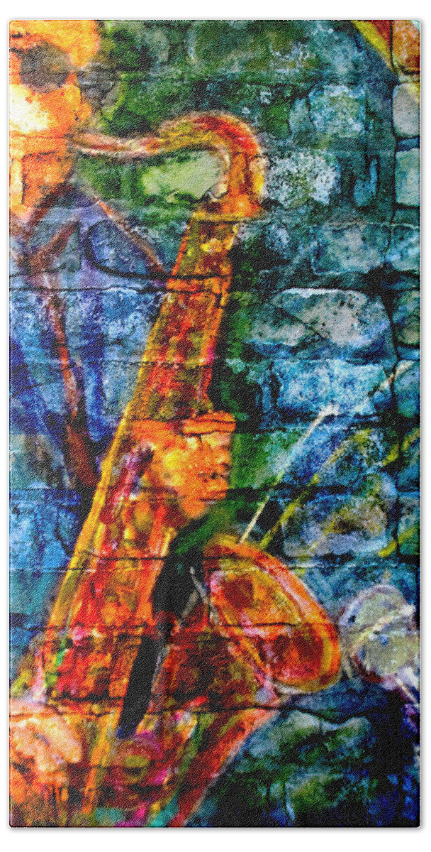 Music Hand Towel featuring the digital art Musician Sax and Brick by Anita Burgermeister