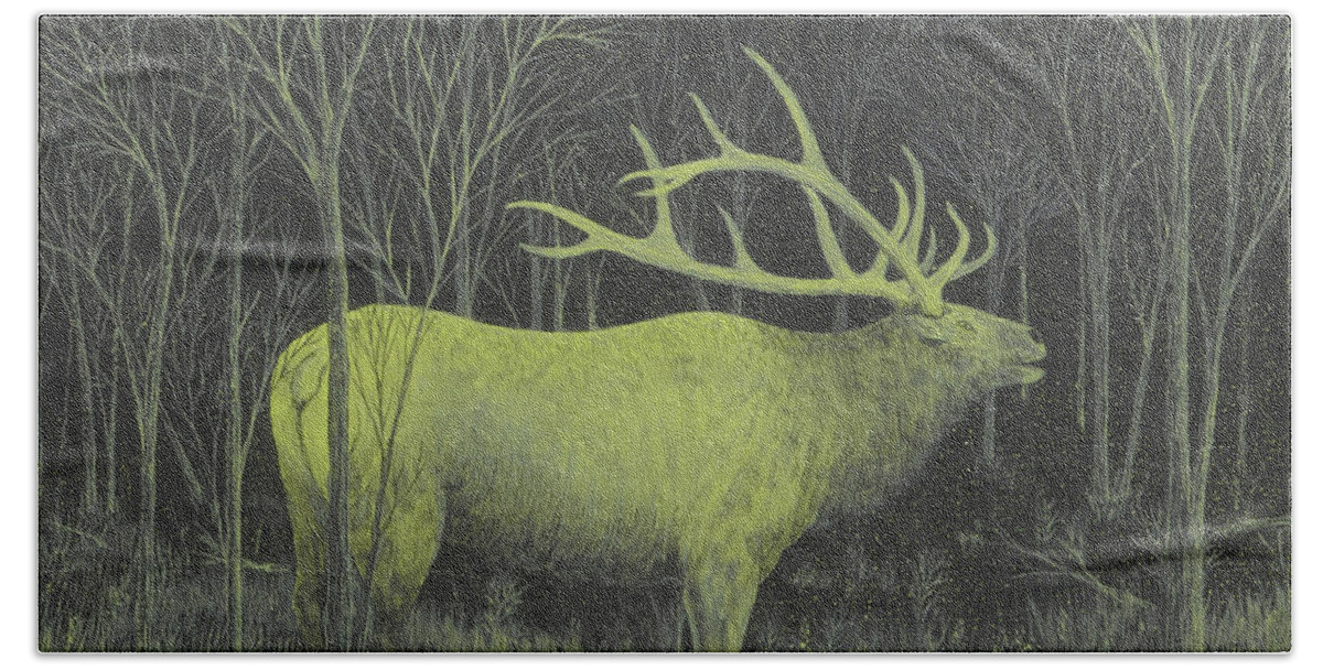 Night Vision Hand Towel featuring the painting My First Elk by Doug Miller