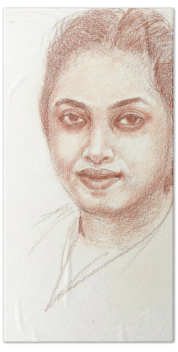 Conte Pencil On Paper Bath Towel featuring the painting My friend by Asha Sudhaker Shenoy