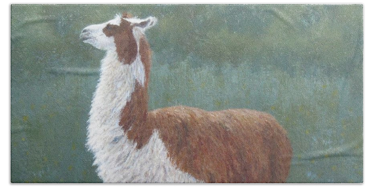 Llama Bath Towel featuring the painting My Good Side by Phyllis Andrews