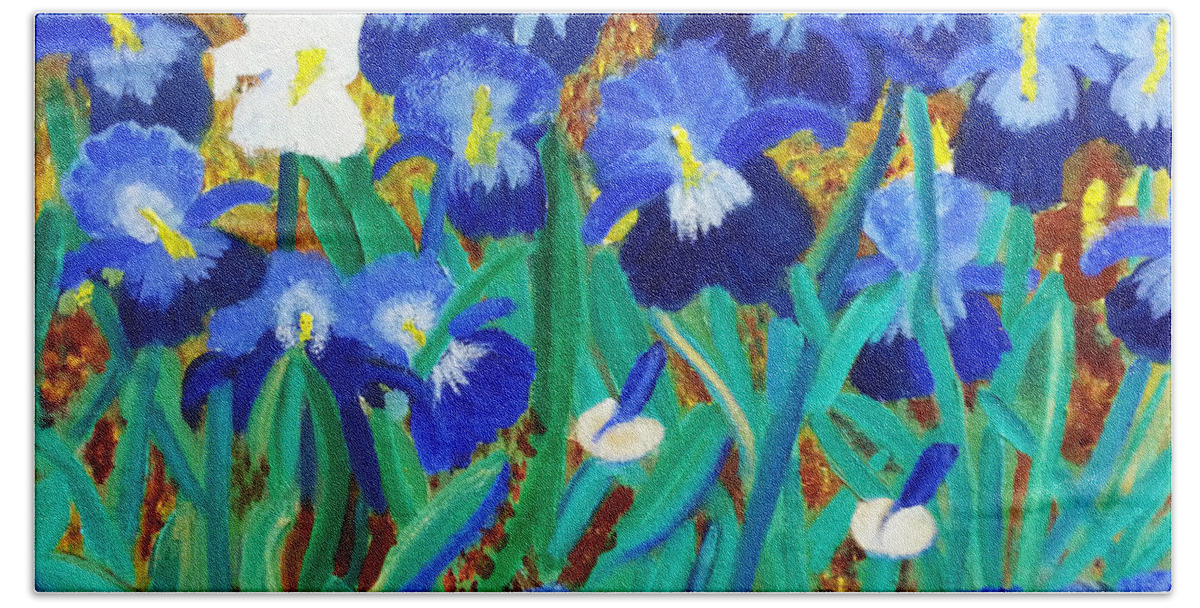 Bearded Iris Bath Towel featuring the painting My Iris - Inspired by VanGogh by Margaret Harmon