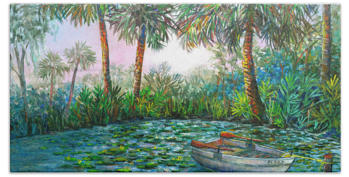 Florida Landscape Bath Towel featuring the painting My Little Boat by Lou Ann Bagnall
