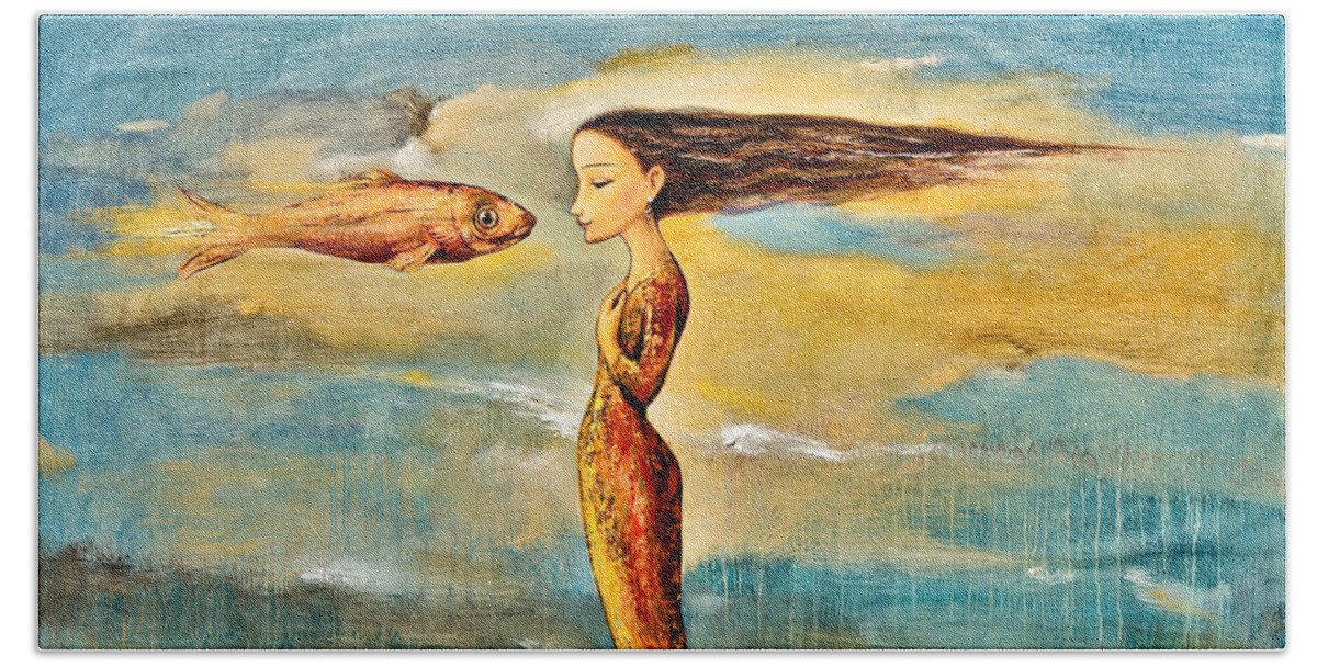 Mermaid Art Bath Towel featuring the painting Mystic Mermaid III by Shijun Munns