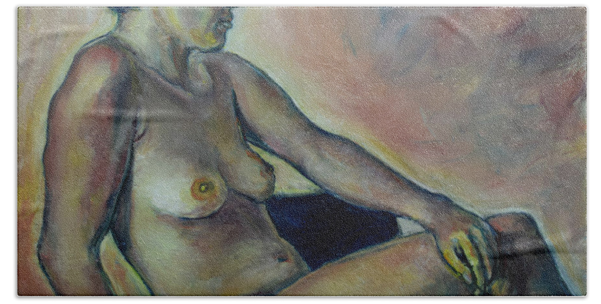 Oil Painting On Canvas Bath Towel featuring the painting Naked Suri 2 by Raija Merila