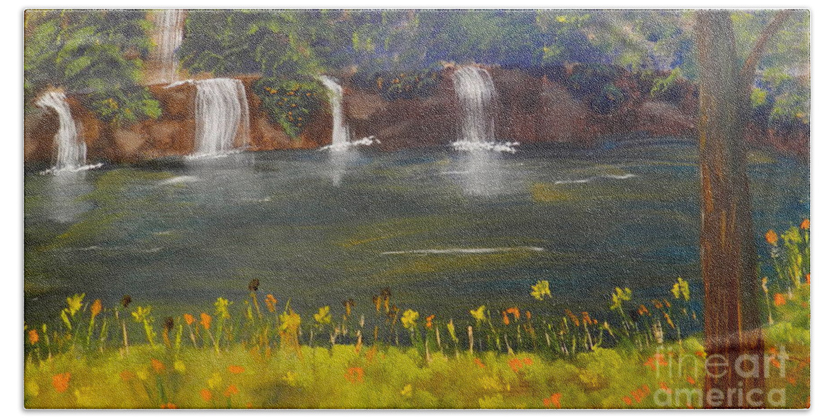 Impressism Bath Towel featuring the painting Nandroy Falls in Queensland by Pamela Meredith