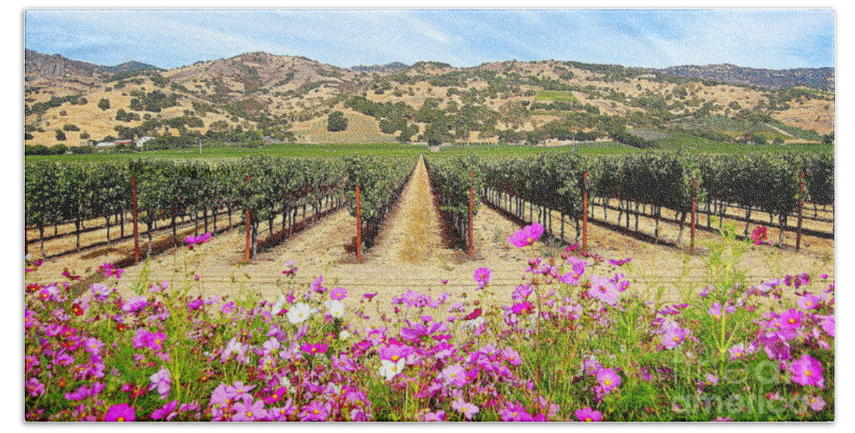 Vineyard Hand Towel featuring the photograph Napa Valley Vineyard With Cosmos by Catherine Sherman