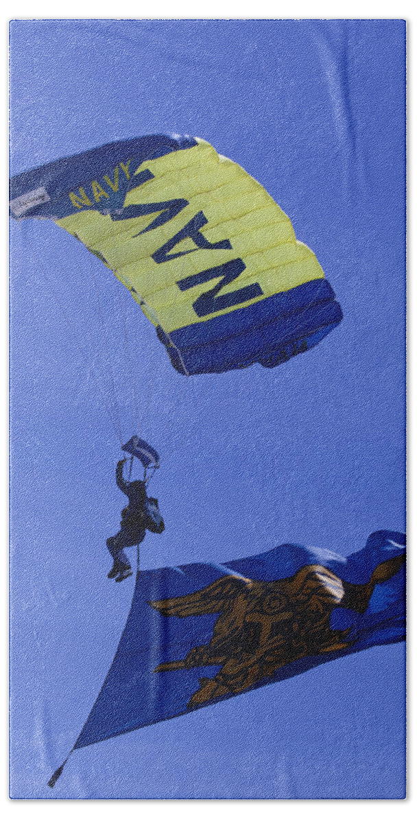 Oc Air Show Hand Towel featuring the photograph Navy Seals Leap Frogs Navy Seals Flag by Donna Corless
