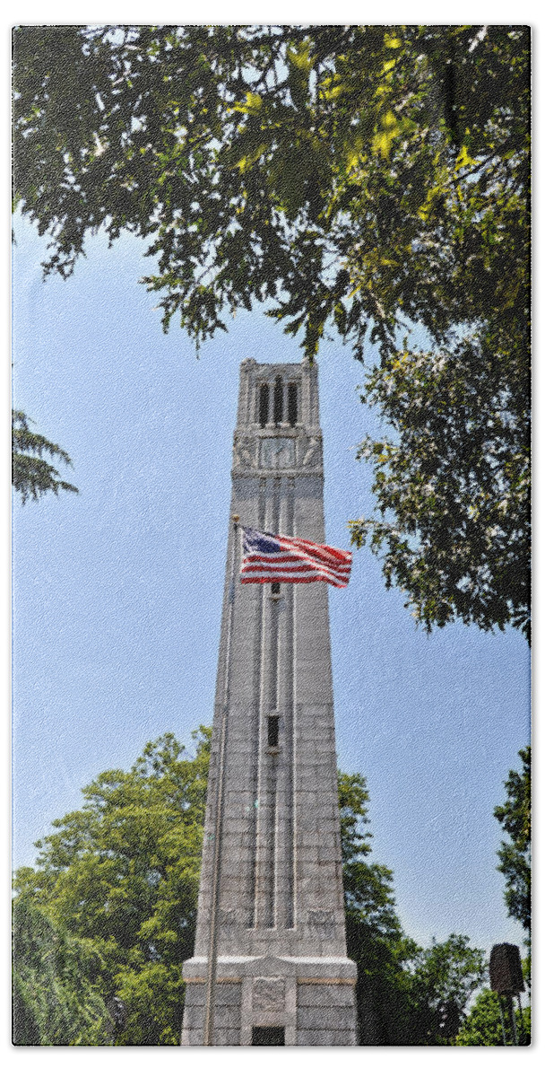 Nature Bath Towel featuring the photograph NC State Memorial Bell Tower and US Flag by Paulette B Wright