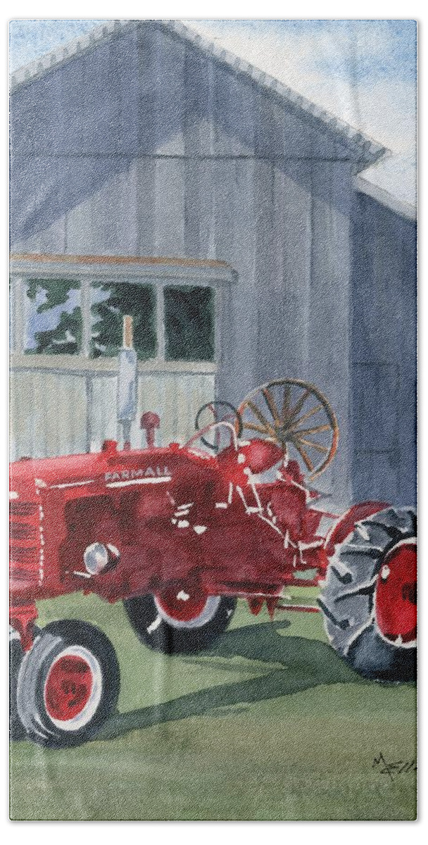 Tractor Hand Towel featuring the painting Neighbor Don's FARMALL by Marsha Elliott